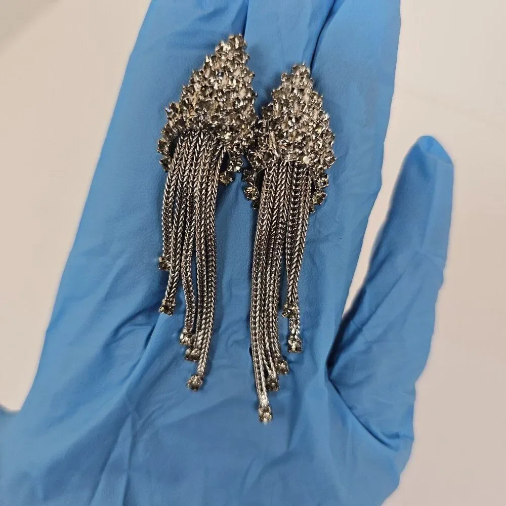 Vintage Silver Tone Crystal Rhinestone Brooch Pin‎ Clip On Earring Set Waterfall
